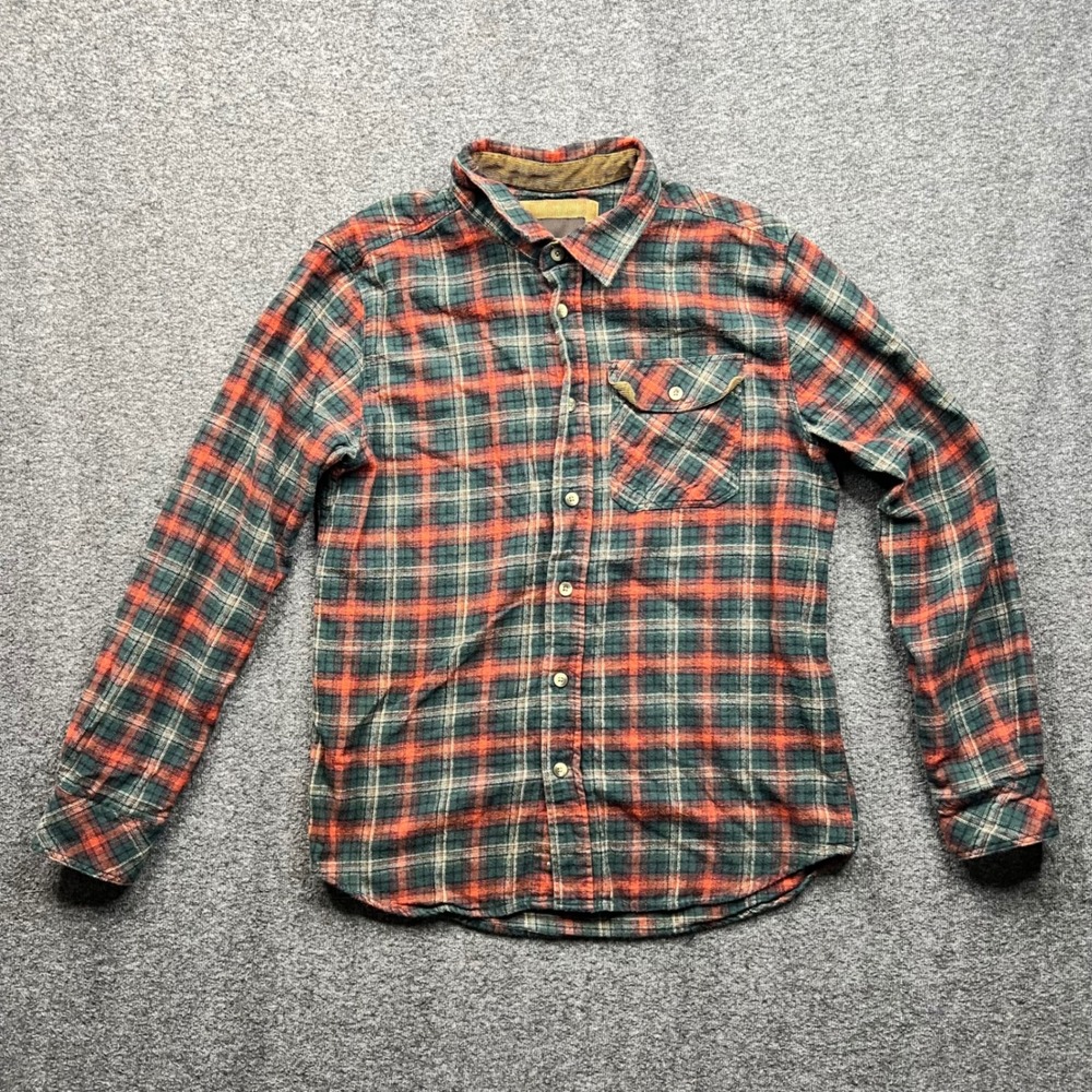 CQR Shirt Mens Medium Green Orange Flannel Plaid Cotton Long Sleeve Button Up‎
